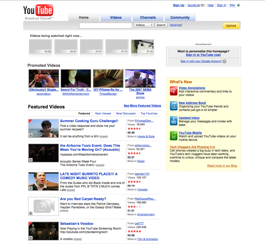 Youtube Homepage 2008