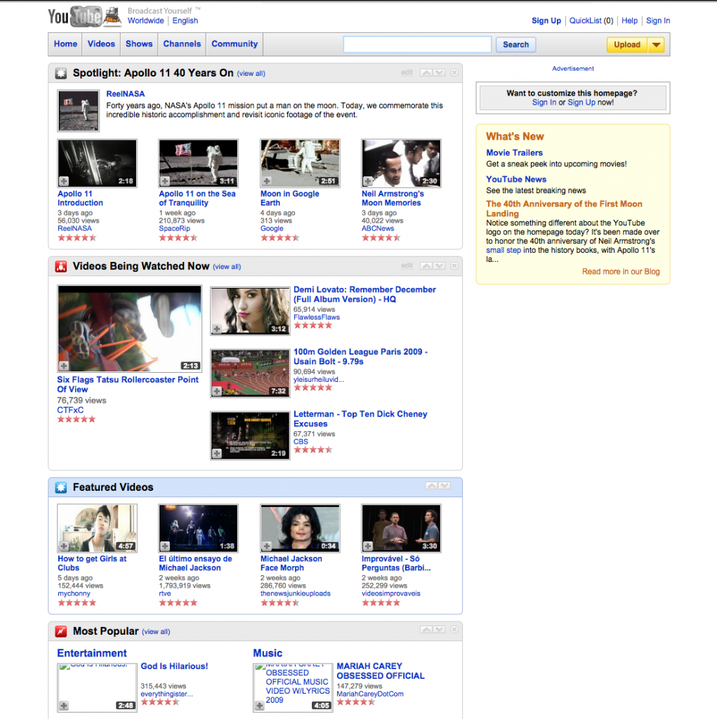 Youtube Homepage 2009