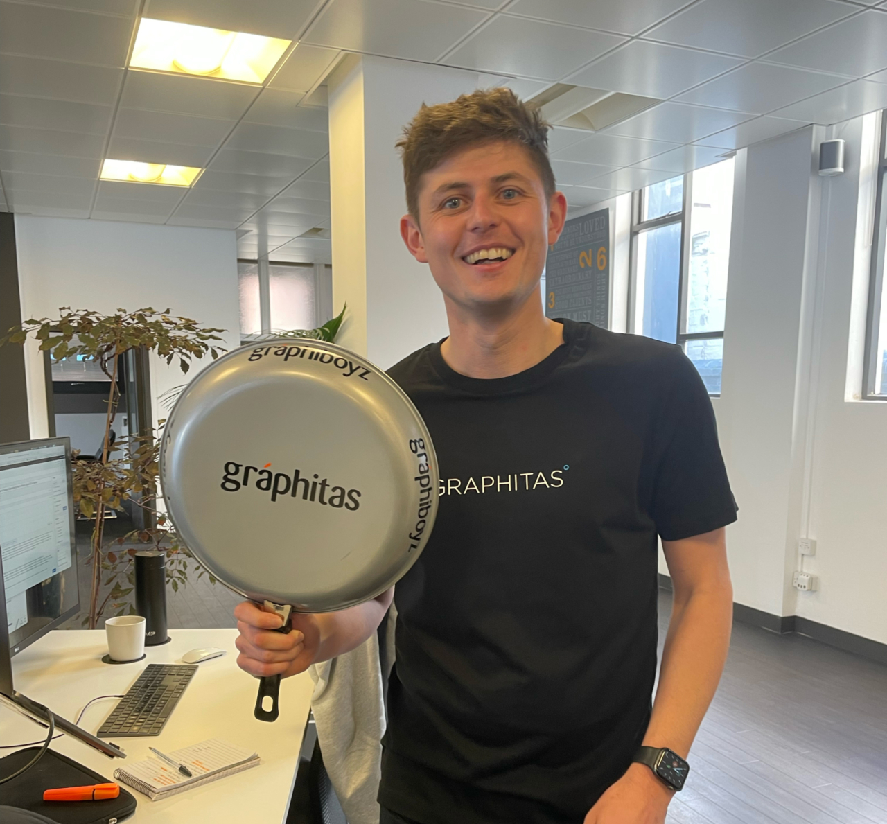 Matthew showing off his bespoke frying pan!